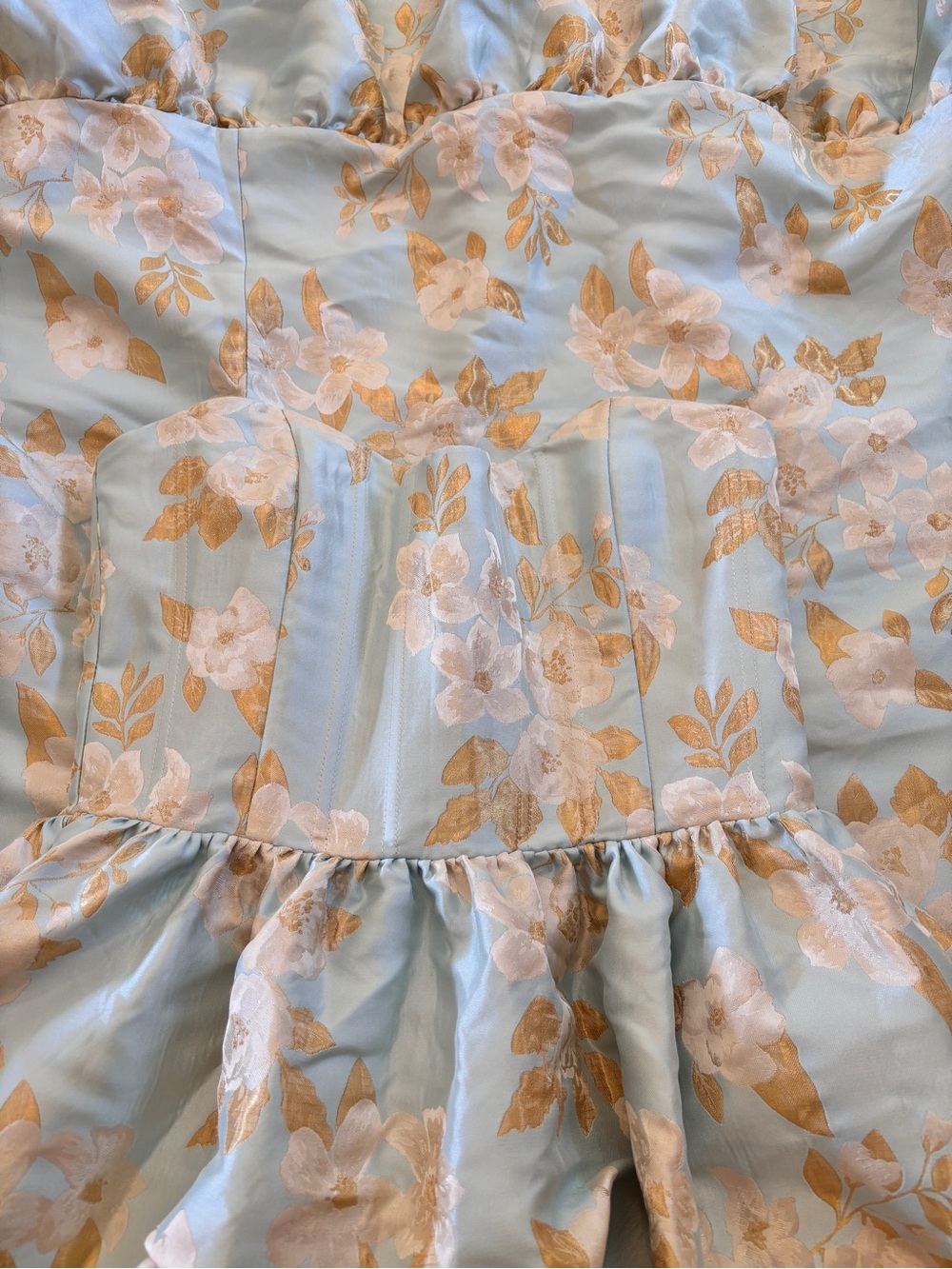 Strapless Light Blue & Gold Floral Sweetheart Maxi Dress - Picture 12 of 16